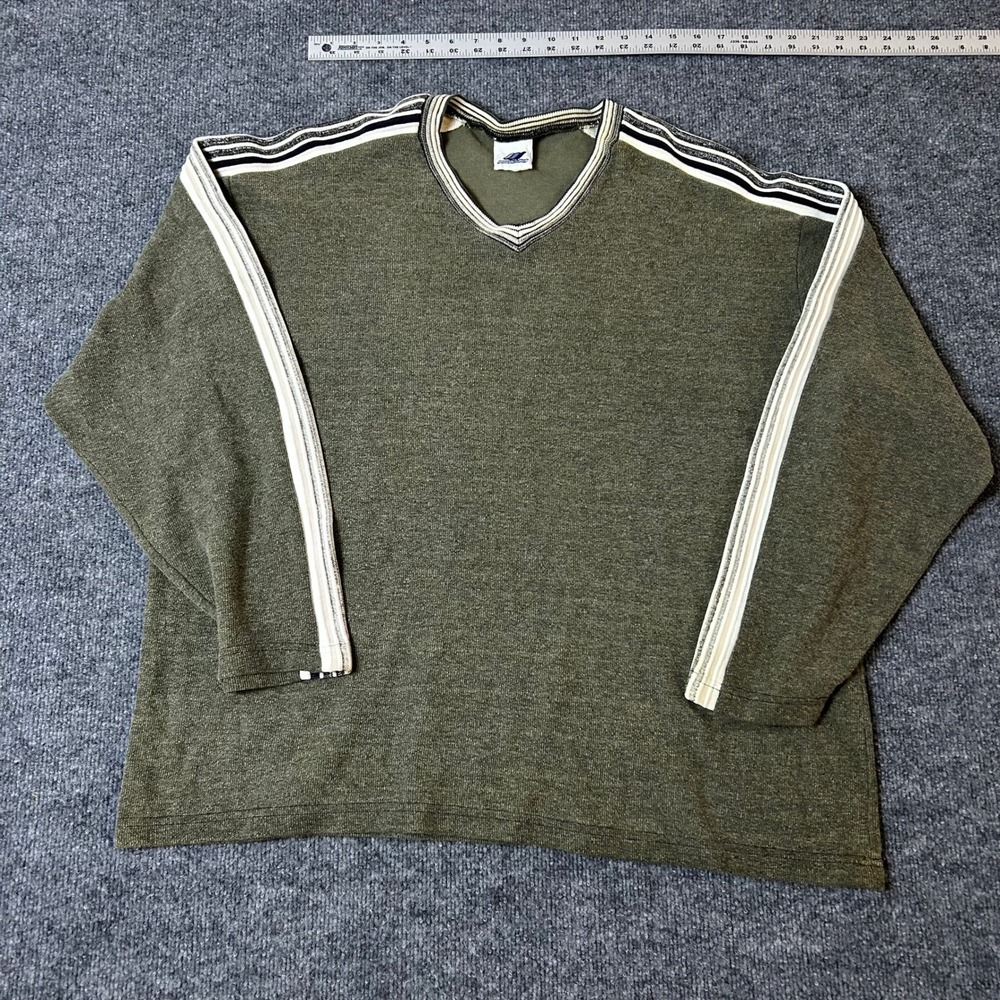 Wooden Dog Shirt Mens Size XL Olive Green Striped Sleeve V-Neck Knit Pullover